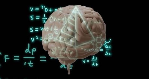 Rotating human brain model glowing with teal math equations and holographic hexagonal lattice