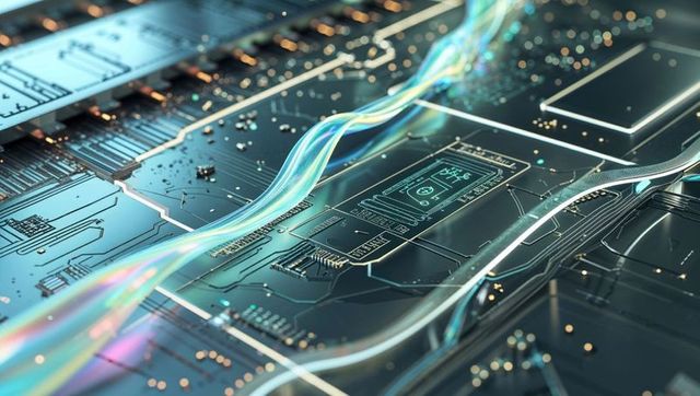 Futuristic Circuit Board with Flowing Translucent Light Ribbons