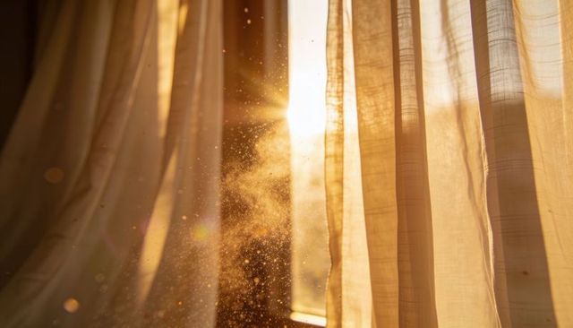 Sunlight streaming through sheer curtains with floating dust motes in warm amber glow