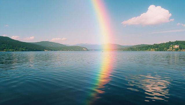 Vibrant Rainbow Reflected on Tranquil Lake with Mountain View