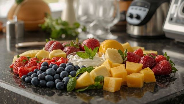 Colorful fruit platter with creamy yogurt dip on granite counter for brunch entertaining