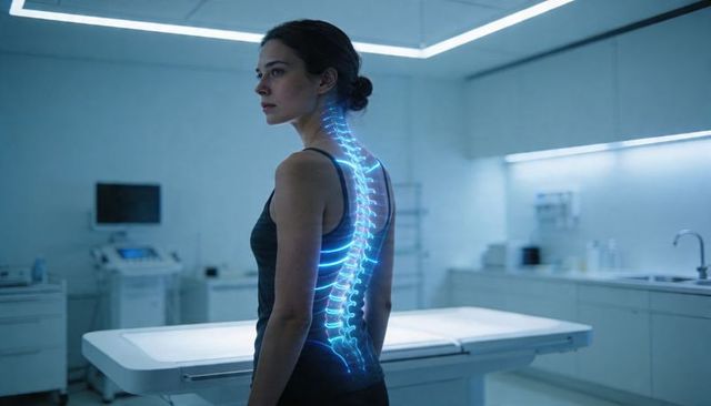 Woman displaying holographic spine overlay in futuristic clinical examination room