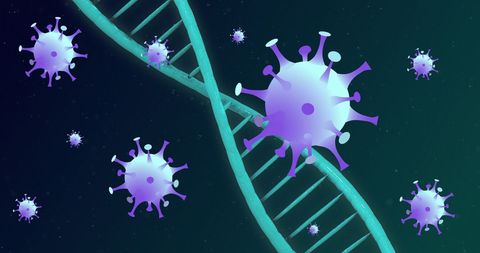 Digital illustration of virus cells with dna strand