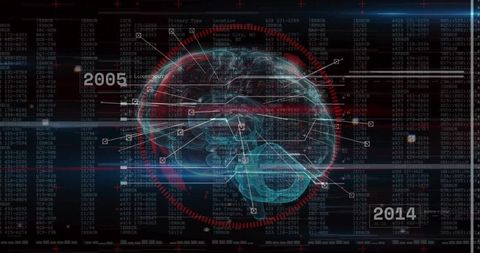 3d brain hologram on digital interface with data markers