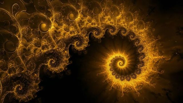 Golden fractal spiral radiating fiery filigree glow, abstract coil with depth and sparks
