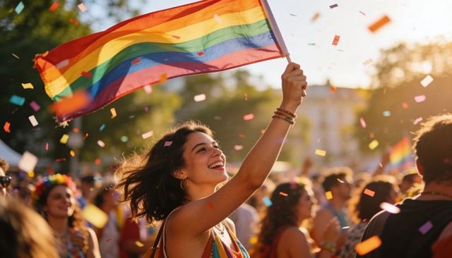 Joyful woman waving rainbow flag at lively outdoor pride celebration with confetti
