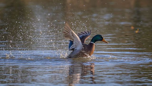Mallard drake flapping wings on pond water splash, ripples and reflection in golden sunrise