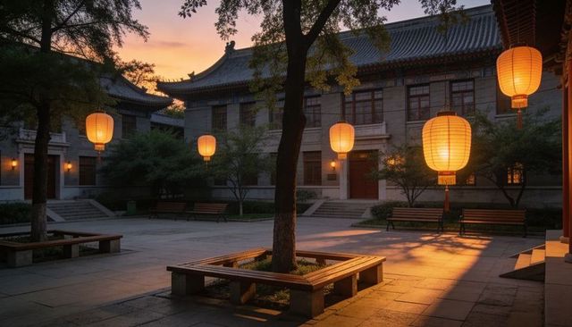 Glowing lanterns casting amber light across twilight courtyard with bench-ringed tree