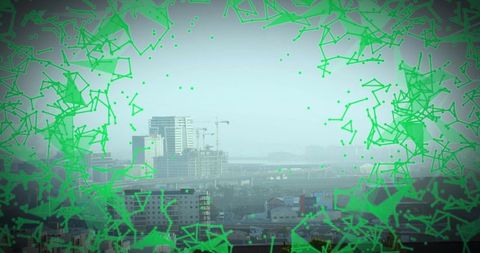 Green Network Overlay Framing Urban Skyline with Construction Cranes and Elevated Highway
