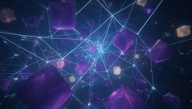 Purple cubes in futuristic abstract network space