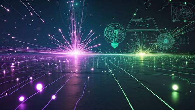 Neon burst on digital grid with holographic technology elements