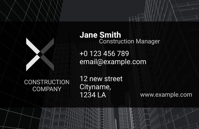 This sleek and modern business card template is ideal for construction professionals and companies. Suitable for construction managers, architects, and designers, it features a professional layout with prominent contact information, a company logo, and a sophisticated black background. Perfect for networking events, corporate functions, and client meetings.