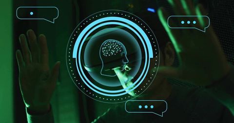 Pressing hands controlling holographic neural hud featuring korean man using ar display