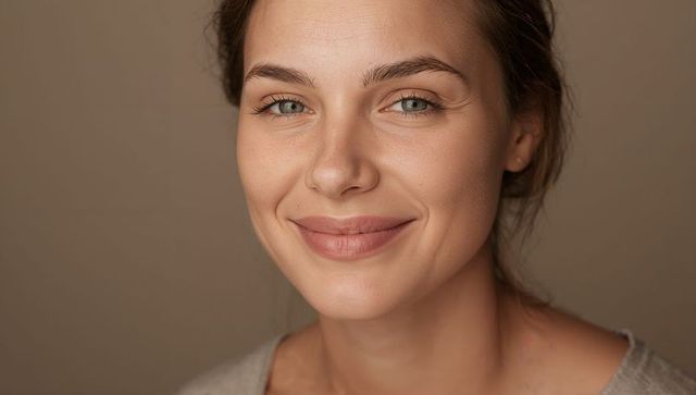Soft-lit female headshot smiling with natural makeup, gentle expression, neutral backdrop