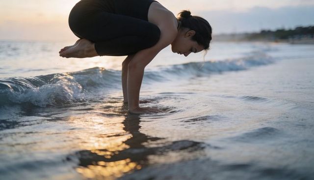Woman practicing crow pose on ocean shore at sunset, balancing yoga, calm seascape