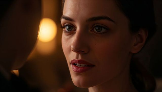 Intimate close-up portrait woman holding eye contact with warm lamp bokeh and soft glow