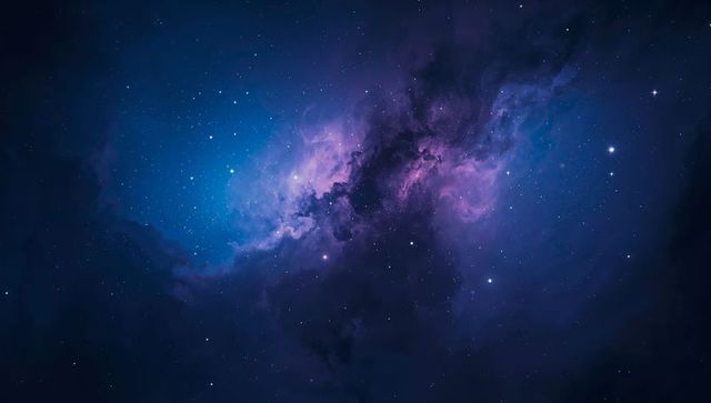 Glowing Nebula Revealing Swirling Violet and Cyan Clouds with Dust Lanes and Bright Stars