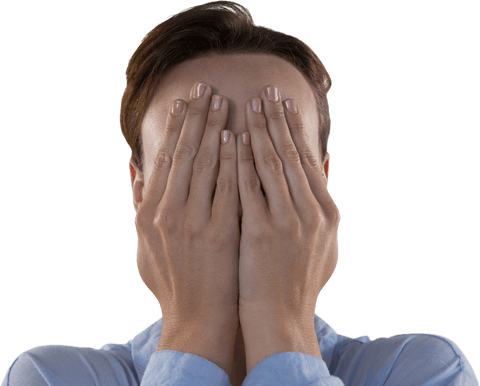 Transparent Businessman Covering Face in Embarrassment