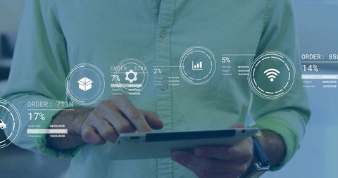 Businessman using tablet with digital tracking system interface