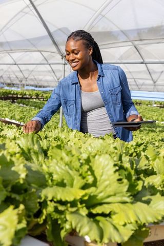 African American Woman Using Tablet in High-Tech Greenhouse