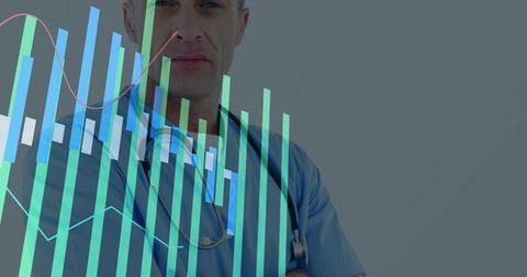 Physician standing with digital health data overlays and analytics visualization