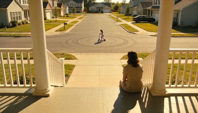 Sitting on porch watching child riding scooter past circular tire marks in suburban street
