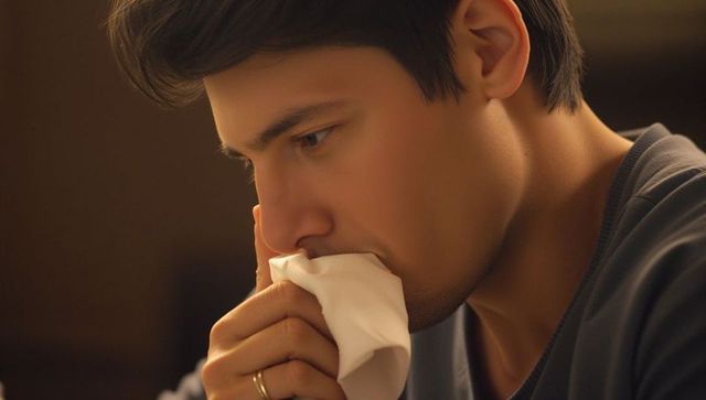 Young man pressing tissue to mouth in warm low light, contemplative intimate closeup