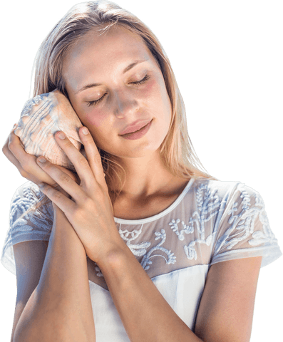 peaceful caucasian woman listening to a shell on transparent background - Download Free Stock Videos Pikwizard.com