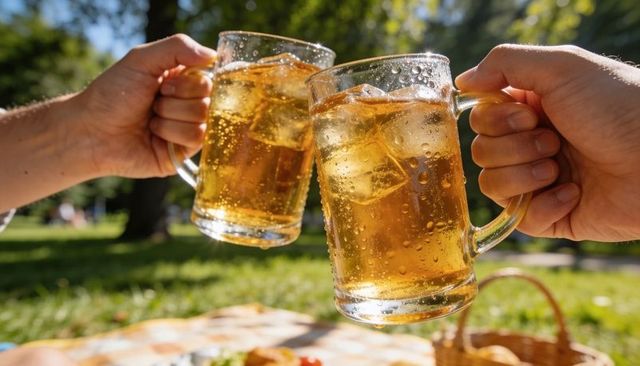 Sunlit picnic clinking glass mugs with iced amber drink and condensation closeup cheering