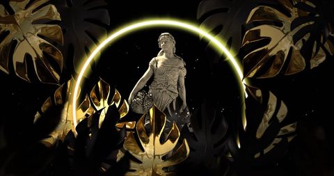 Abstract digital art of classical woman sculpture with gold leaves