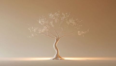 Minimalist twisted abstract tree sculpture in soft light, garden of eden concept