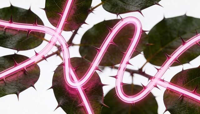Neon thornwave wrapping glossy spiny leaves pink glowing tube curving close-up