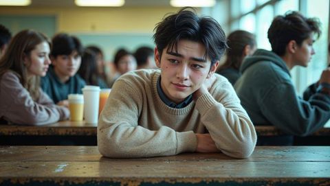 Teenage boy relaxing at school cafeteria with classmates - shy concept