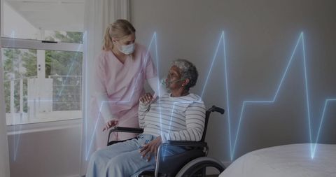 Physiotherapist assisting senior patient in hospital room with heartbeat overlay