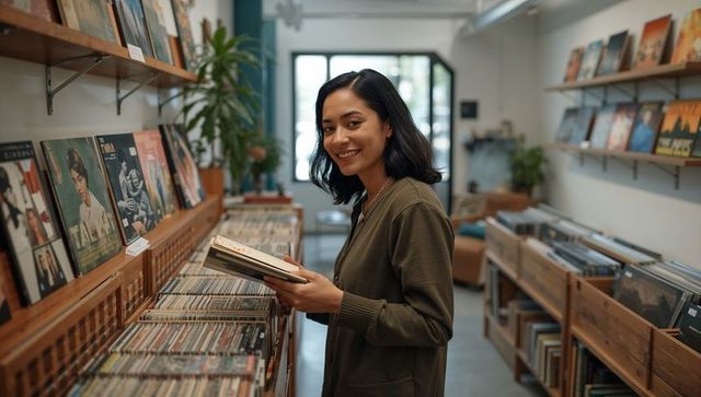Smiling woman browsing vinyl records in cozy independent record shop holding lp sleeve