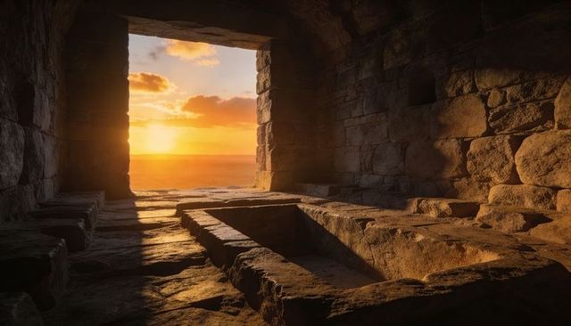 Sunlit ancient stone bath ruins overlooking ocean sunset through arched doorway