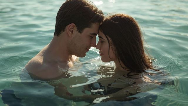 Couple touching foreheads while floating in turquoise sea at golden hour romantic moment