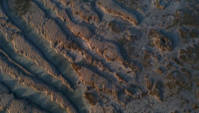 Aerial abstract tidal flat sand ridges and shallow channels at golden hour