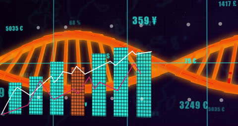 DNA Helix Overlay with Financial and Scientific Data