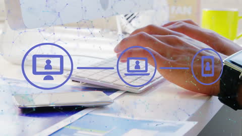 Businessman Using Tech Devices with Data Network Overlay