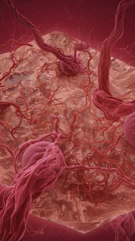 Panning vertical video showing magnified capillary tuft network and branching microvessels