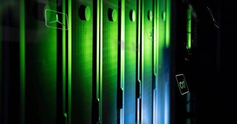 Neon Green Server Rack Showing Futuristic Data Center Interior with UI Overlays