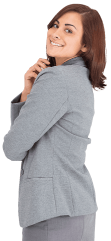 Confident Businesswoman Smiling in Gray Suit on Transparent Background