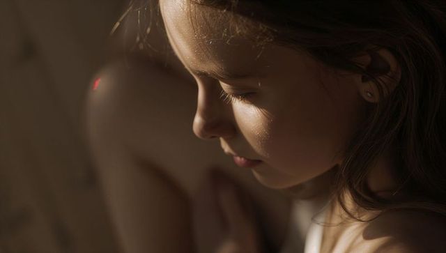Child sitting curled by window catching warm sunlight on face, contemplative soft profile