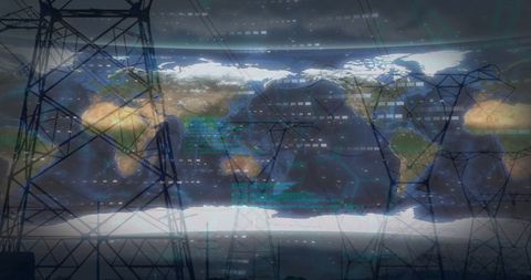 Global Technology Concept with Pylons and World Map Overlay - Download Free Stock Images Pikwizard.com