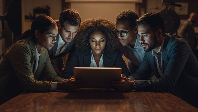 Focused Business Team Collaborating on Digital Project in Office