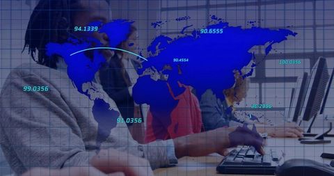 Global support team collaborating at keyboards with digital world map analytics overlay