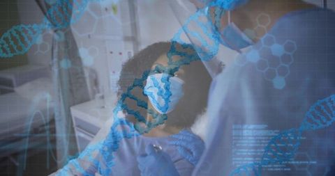 Doctor Examining Patient with DNA Helix Overlay in Medical Setting