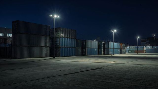Nighttime container terminal with stacked shipping containers under floodlights