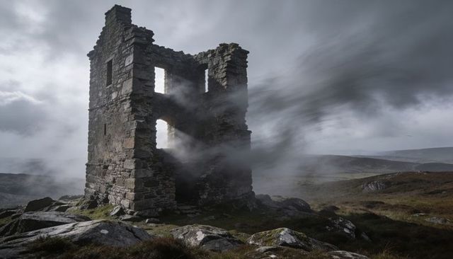 Ruined stone tower on windswept moor with drifting fog and dramatic desaturated sky